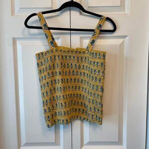 NWOT Madison Mathews Smocked Yellow Block Print Tank Top Size L